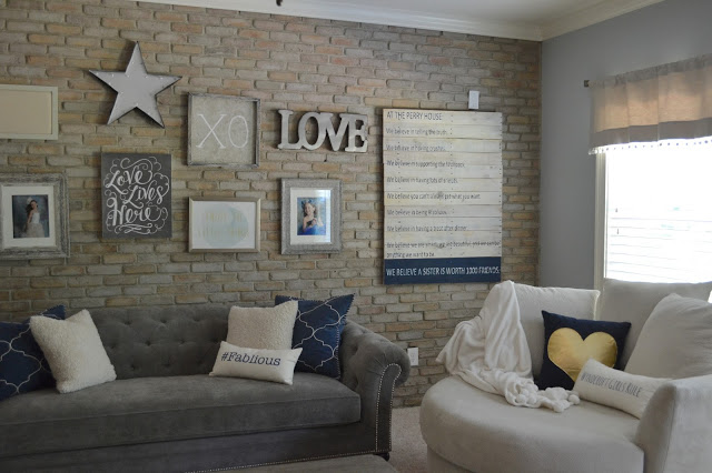 modern, rustic, playroom, faux brick, gallery wall, gray
