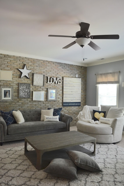 modern, rustic, playroom, gray, faux brick, gallery wall, industrial, after