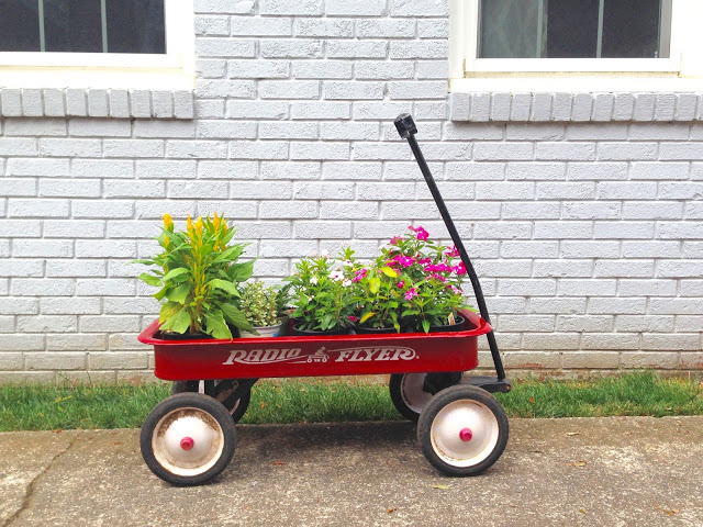 Planter, wagon, plants, flowers, greenery
