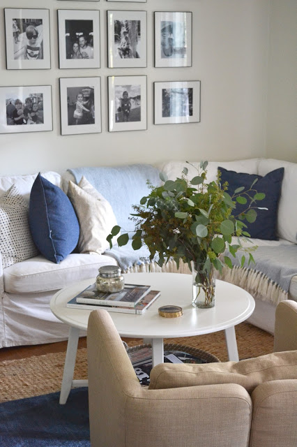 blue and white living room, herringbone, throw blanket, pillows, interior design, decor, interiors