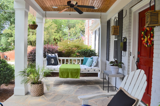 front porch, slate tile, swinging daybed, southern porch