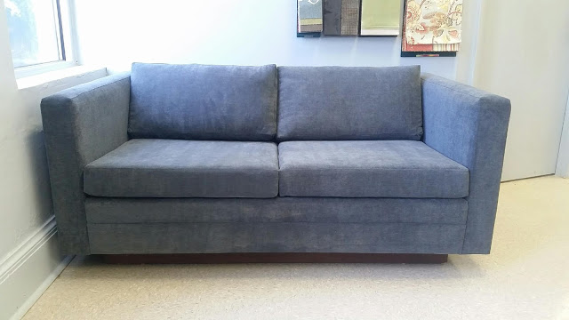 reupholstered couch, blue loveseat, blue couch, makeover, design, decor