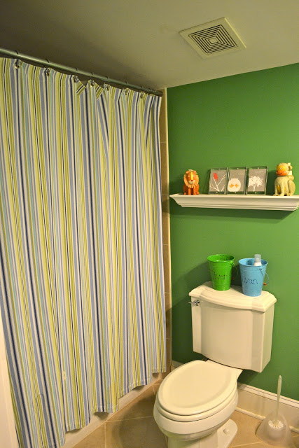 kids bathroom, green, stripes, reveal, before and after