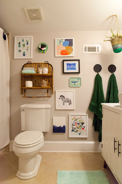 kids bathroom, makeover, before and after, kid spaces, Land of Nod, mid century modern, gallery wall, art, Sherwin Williams, decor, interiors
