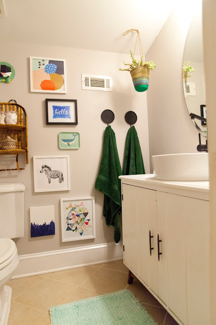 kids bathroom, makeover, before and after, kid spaces, Land of Nod, mid century modern, gallery wall, art, Sherwin Williams, decor, interiors