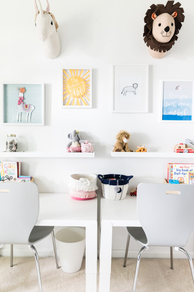 kid bedroom, craft table, gallery wall